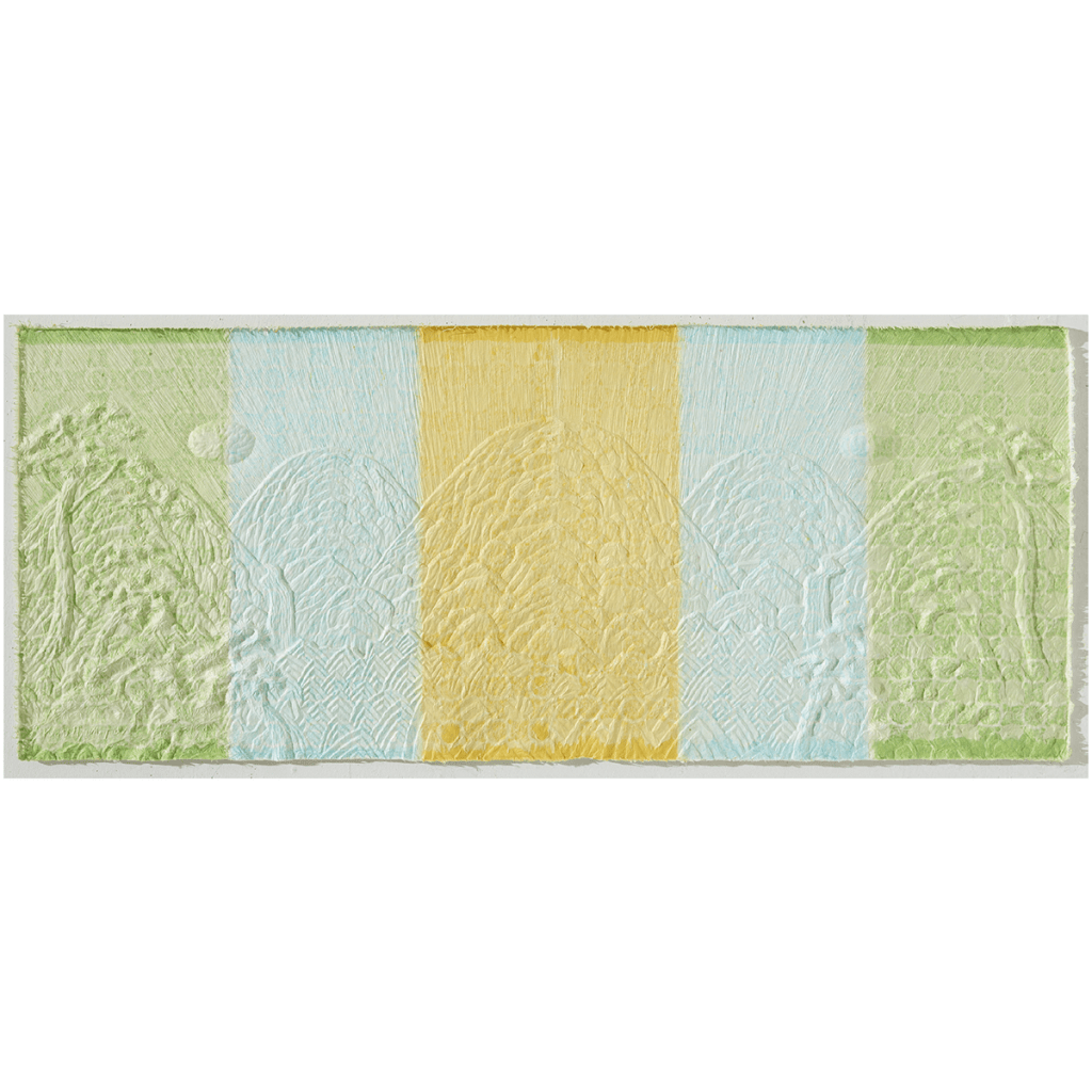 뉴 일월도 The Sun, Moon, and Five Peaks / 120×50cm / Korean Handmade Paper Hanji Relief /
Wood Plate, Carving, Collage / 2019