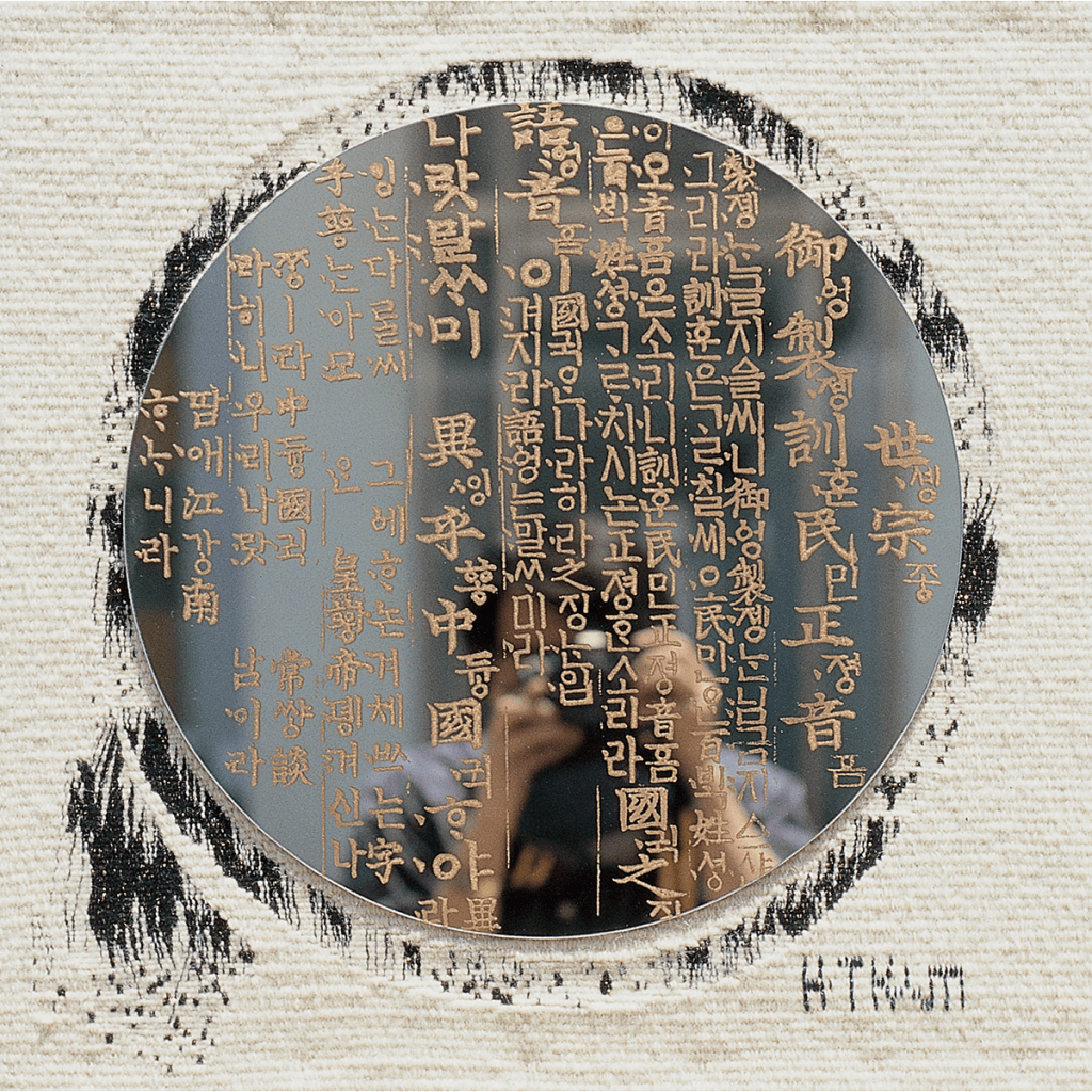 문자회화 Art Work with Characters / 53×53cm / Tapestry(Wool, Acryl, Gold, Silver Yarn), Mirror(Silk Screen Printing) / 2002