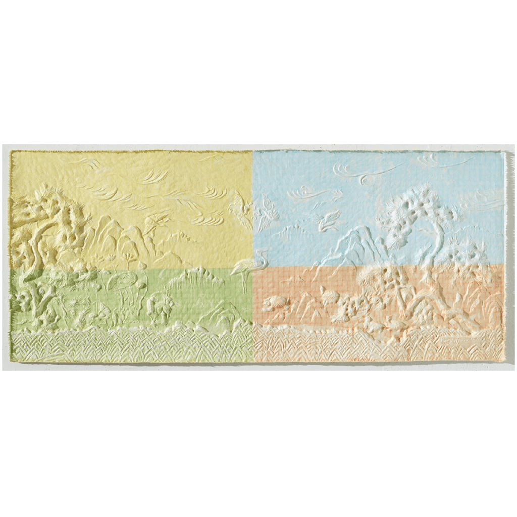 뉴 십장생 The New Ten Traditional Symbols of Longevity / 120×50cm / Korean Handmade Paper Hanji Relief /
Wood Plate, Carving, Collage / 2019