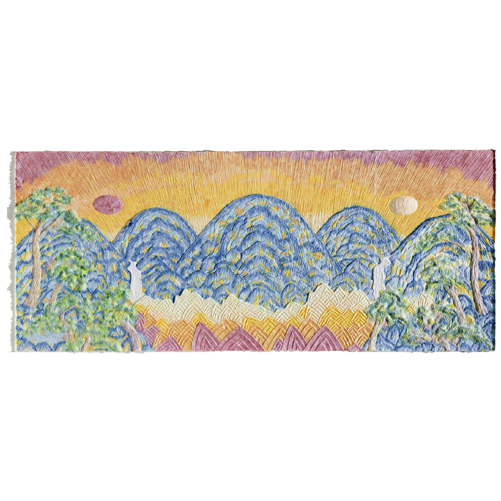 뉴 일월도 The Sun, Moon, and Five Peaks / 120×50cm / Korean Handmade Paper Hanji Relief /
Wood Plate, Carving, Collage / 2007