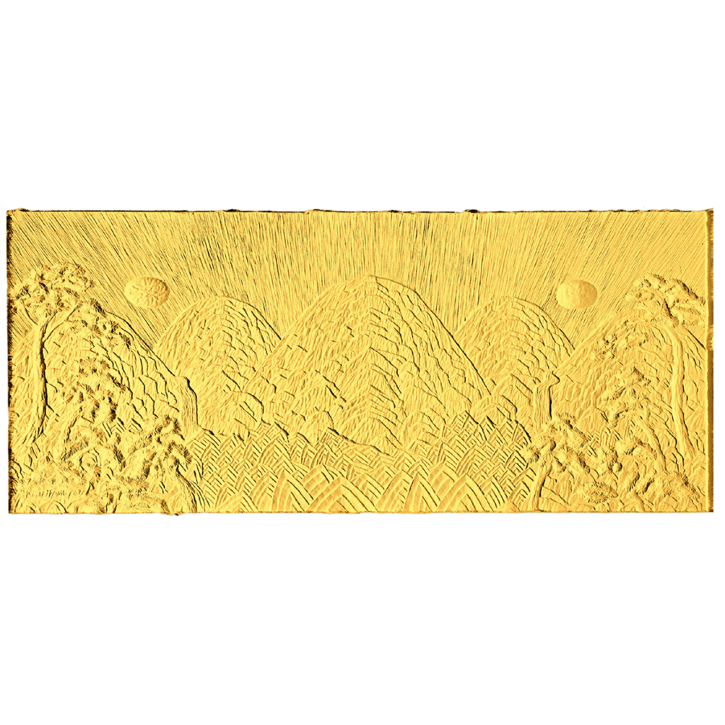 뉴 일월도 The Sun, Moon, and Five Peaks / 120×50cm / Korean Handmade Paper Hanji Relief / Wood Plate, Carving / 2007